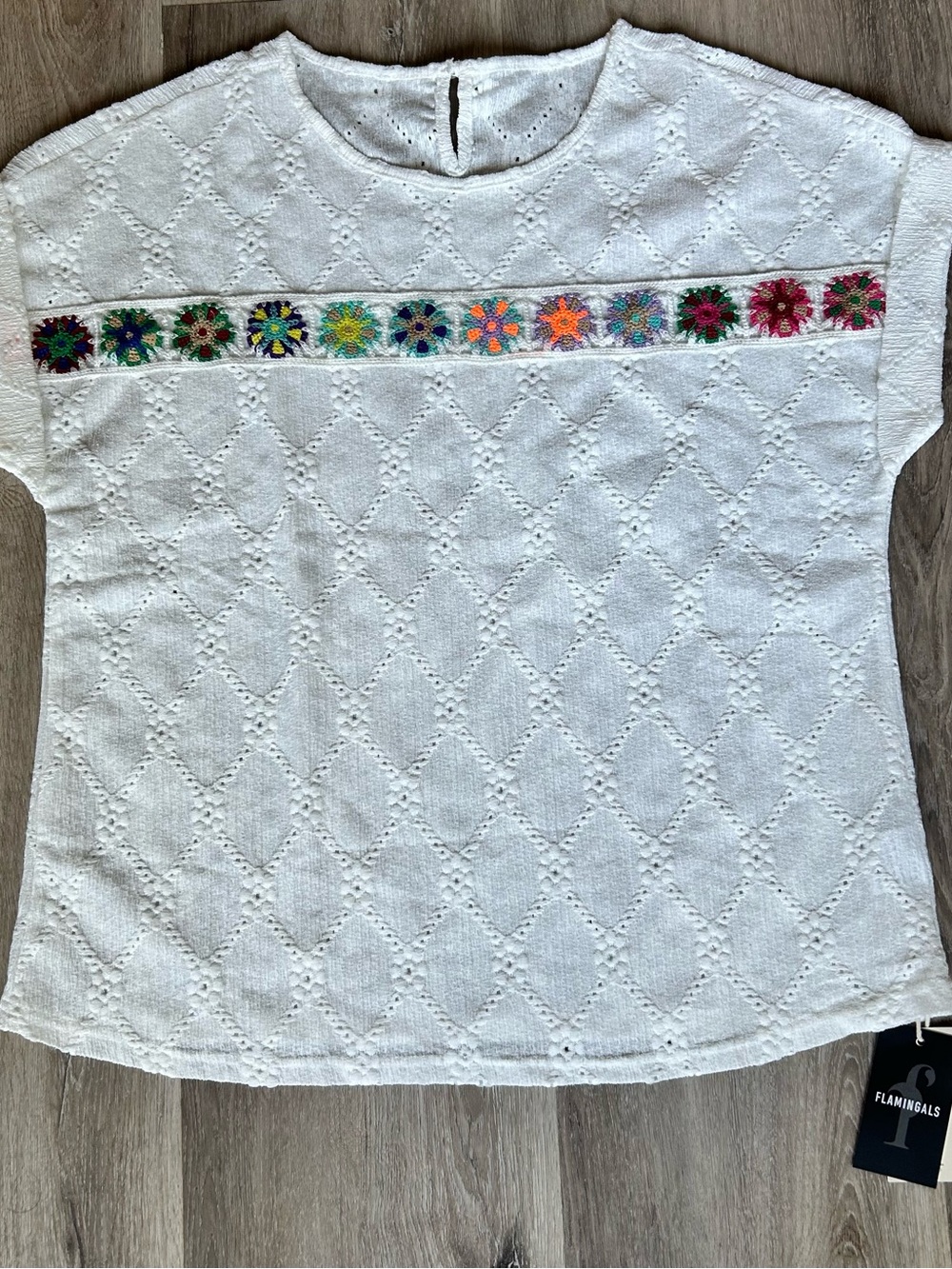 Retro White Eyelet Top with Multicolor Embroidered Flowers